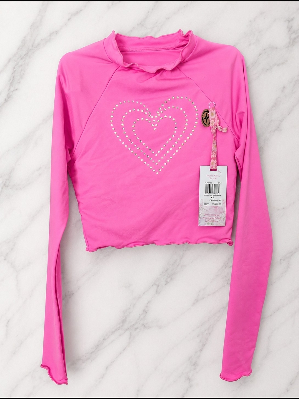 LoveShackFancy x Hurley Rhinestone Heart Rash Guard Crop Top Hot Pink XS NWT